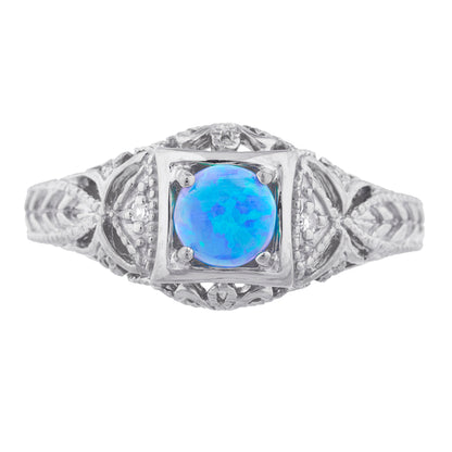 14Kt Gold Blue Opal & Diamond Design Round Ring