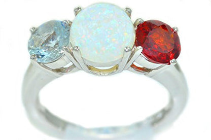 3 Ct Genuine Opal Aquamarine & Garnet Round Ring .925 Sterling Silver Rhodium Finish