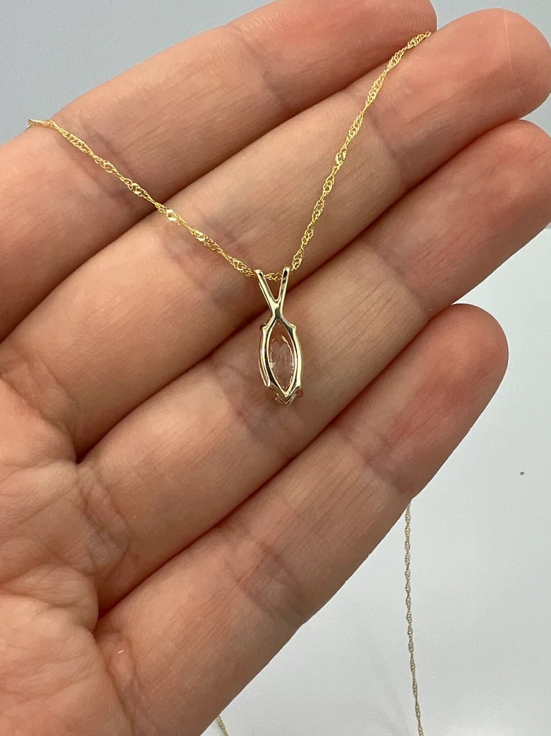 14Kt Gold White Sapphire Marquise Pendant Necklace