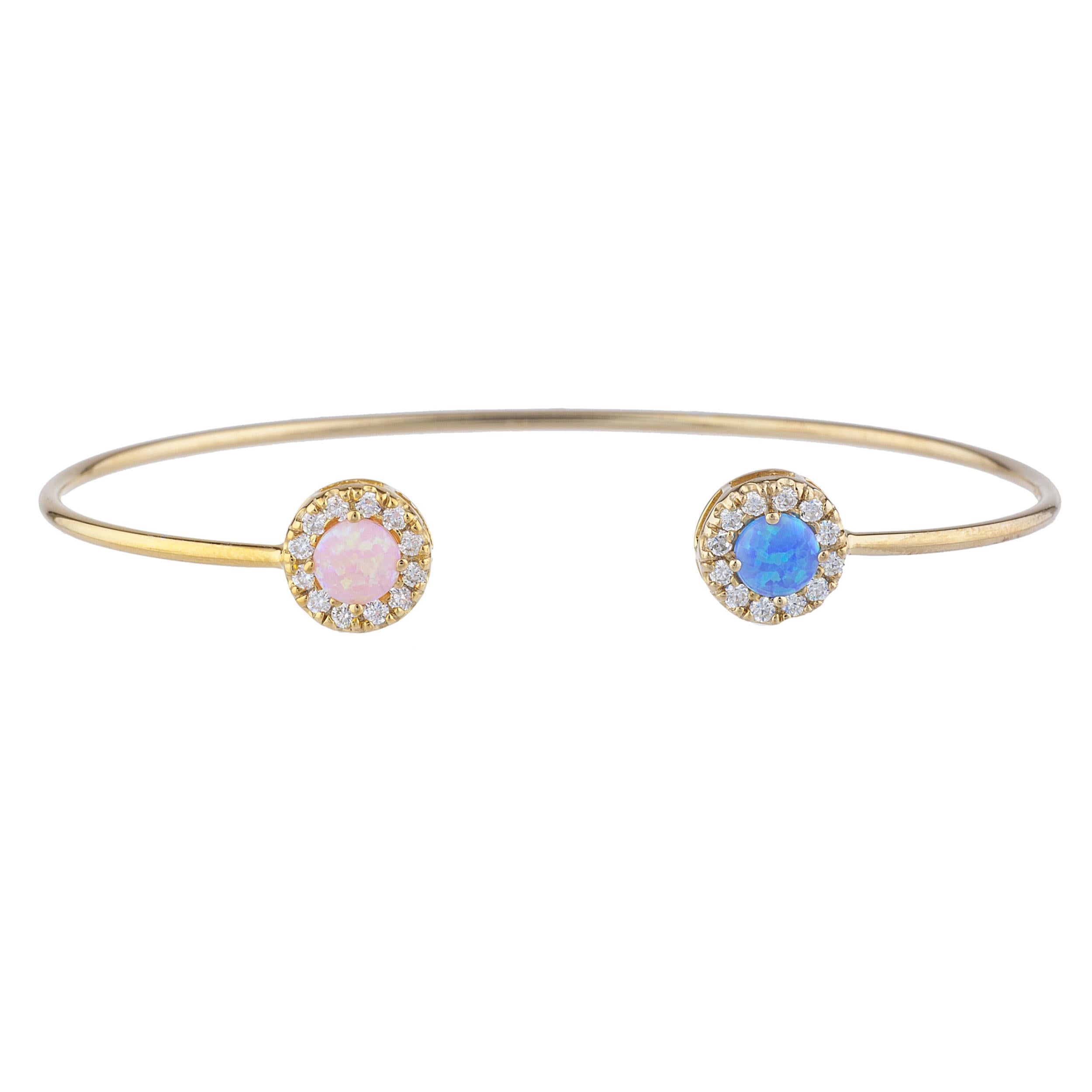 Blue & Pink Opal Halo Design Round Bangle Bracelet 14Kt Yellow Gold Rose Gold Silver