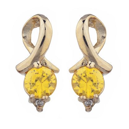 14Kt Yellow Gold Plated Yellow Citrine & Diamond Round Design Stud Earrings