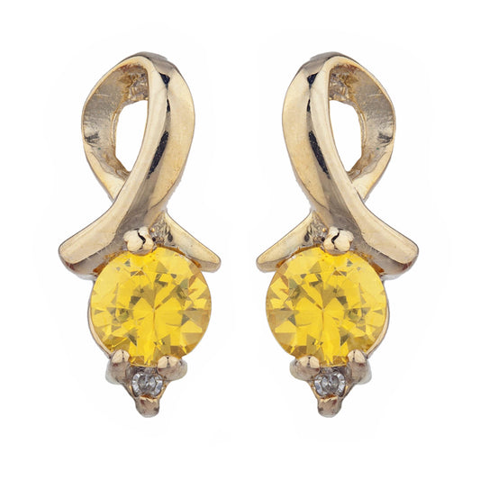 14Kt Yellow Gold Plated Yellow Citrine & Diamond Round Design Stud Earrings