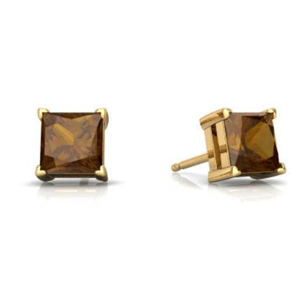 2 Ct Natural Smoky Quartz Princess Cut Stud Earrings 14Kt Yellow Gold