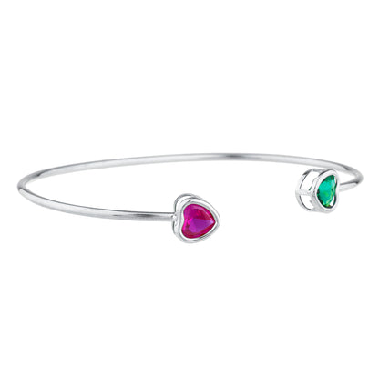 Created Ruby & Emerald Heart Bezel Bangle Bracelet .925 Sterling Silver