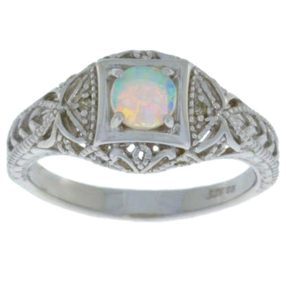 Opal & Diamond Round Ring .925 Sterling Silver