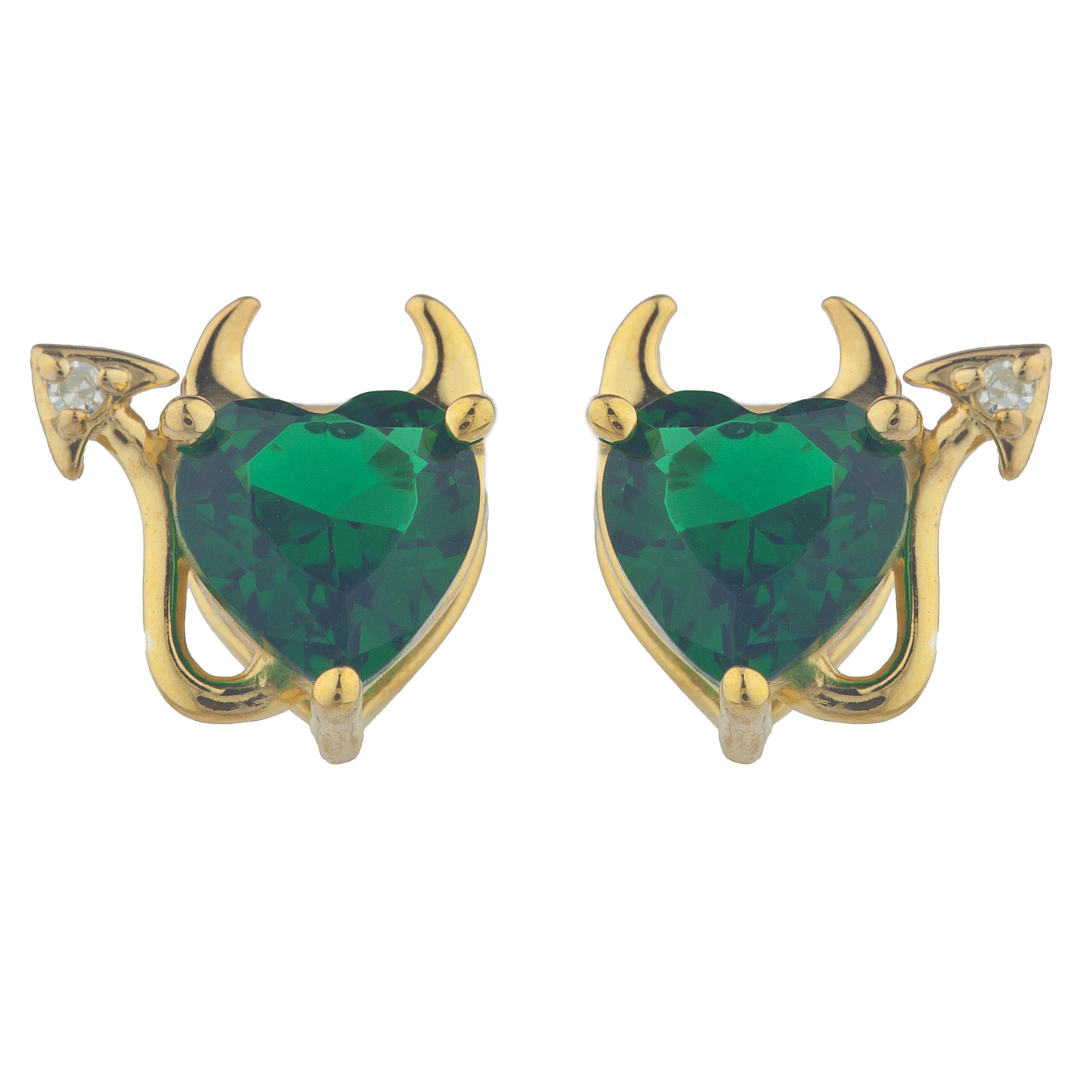14Kt Gold Emerald & Diamond Devil Heart Stud Earrings
