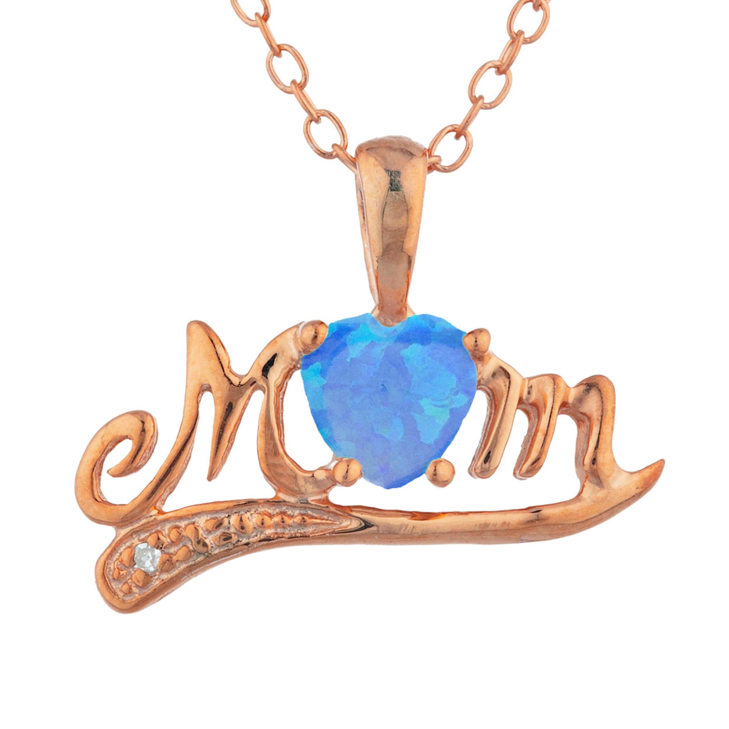 14Kt Gold Blue Opal & Diamond Heart Mom Pendant Necklace