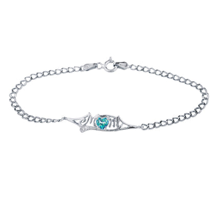 Natural Blue Mystic Topaz & Diamond Heart Mom Bracelet .925 Sterling Silver