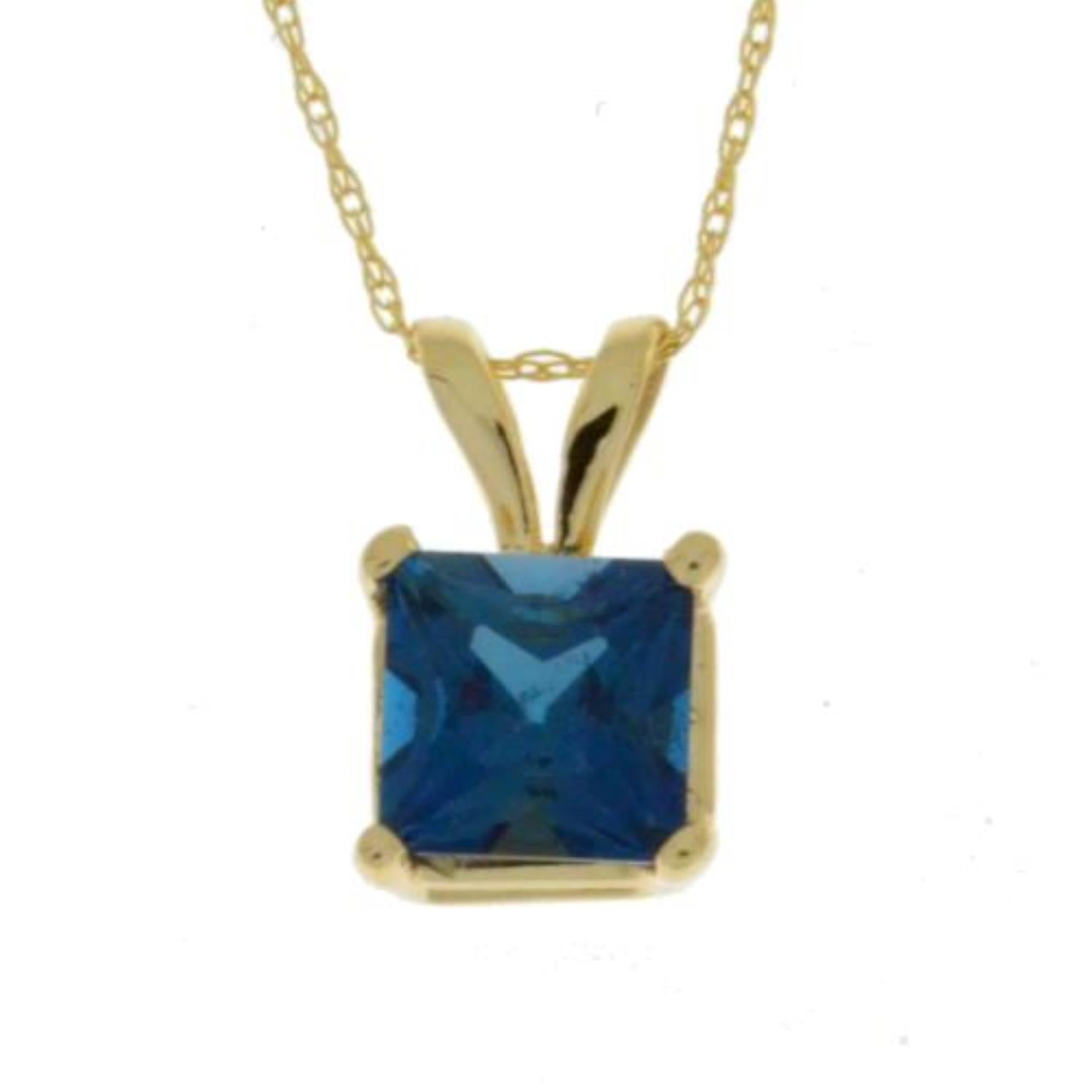 14Kt Gold London Blue Topaz Princess Cut Pendant Necklace