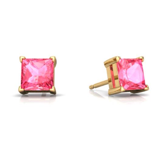 14Kt Yellow Gold Pink Sapphire Princess Cut Stud Earrings