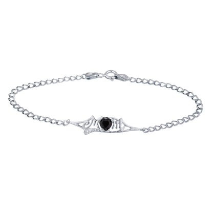 Genuine Black Onyx & Diamond Heart Mom Bracelet .925 Sterling Silver