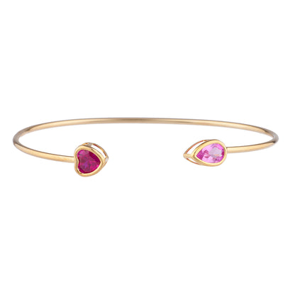 Created Ruby Heart & Pink Sapphire Pear Bezel Bangle Bracelet 14Kt Yellow Gold Plated Over .925 Sterling Silver