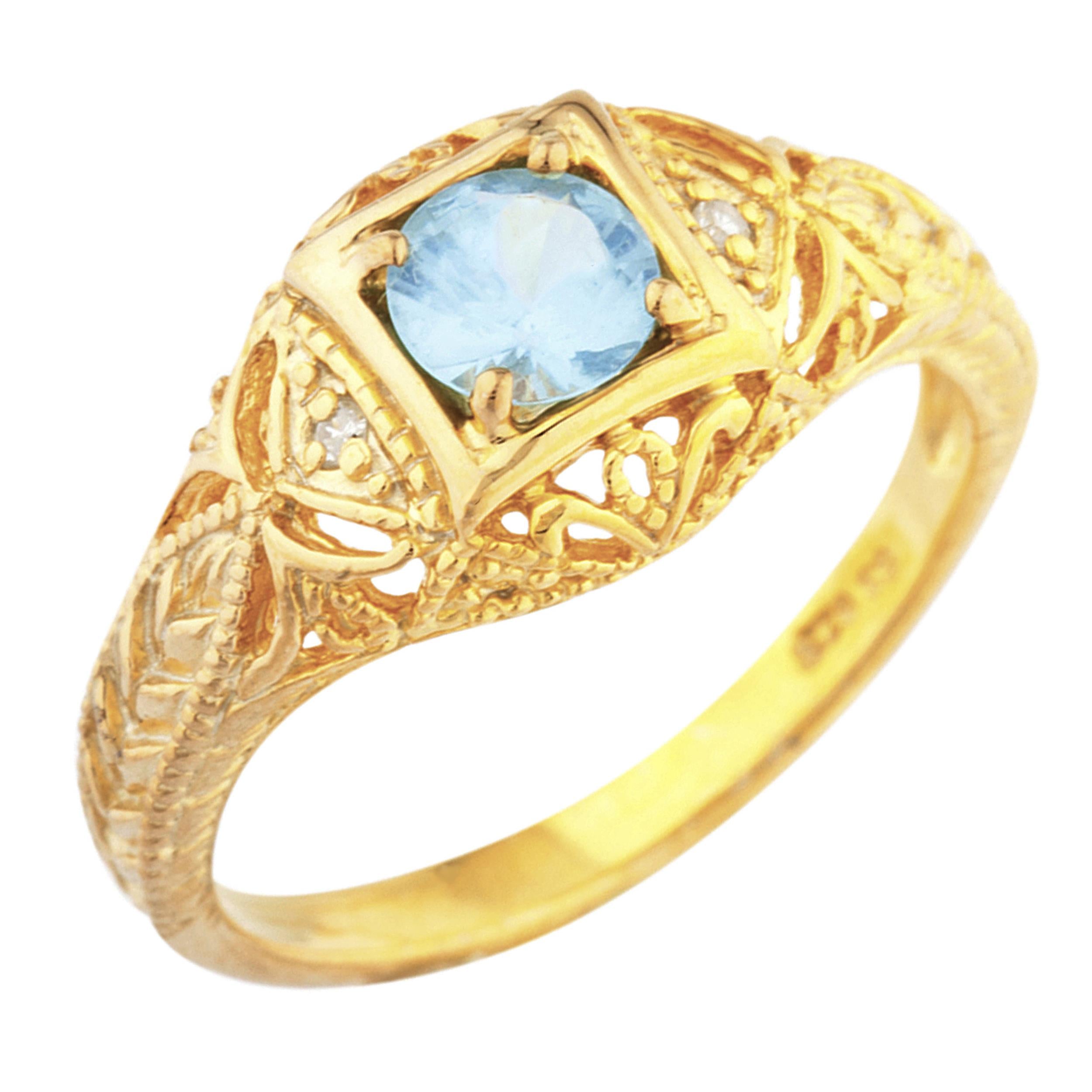 14Kt Gold Blue Topaz & Diamond Design Round Ring