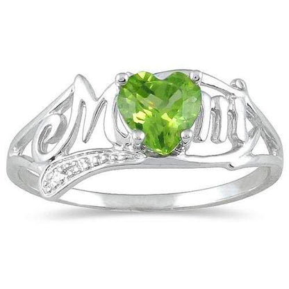 .50 Ct Peridot Heart & Diamond Mom Ring .925 Sterling Silver Rhodium Finish