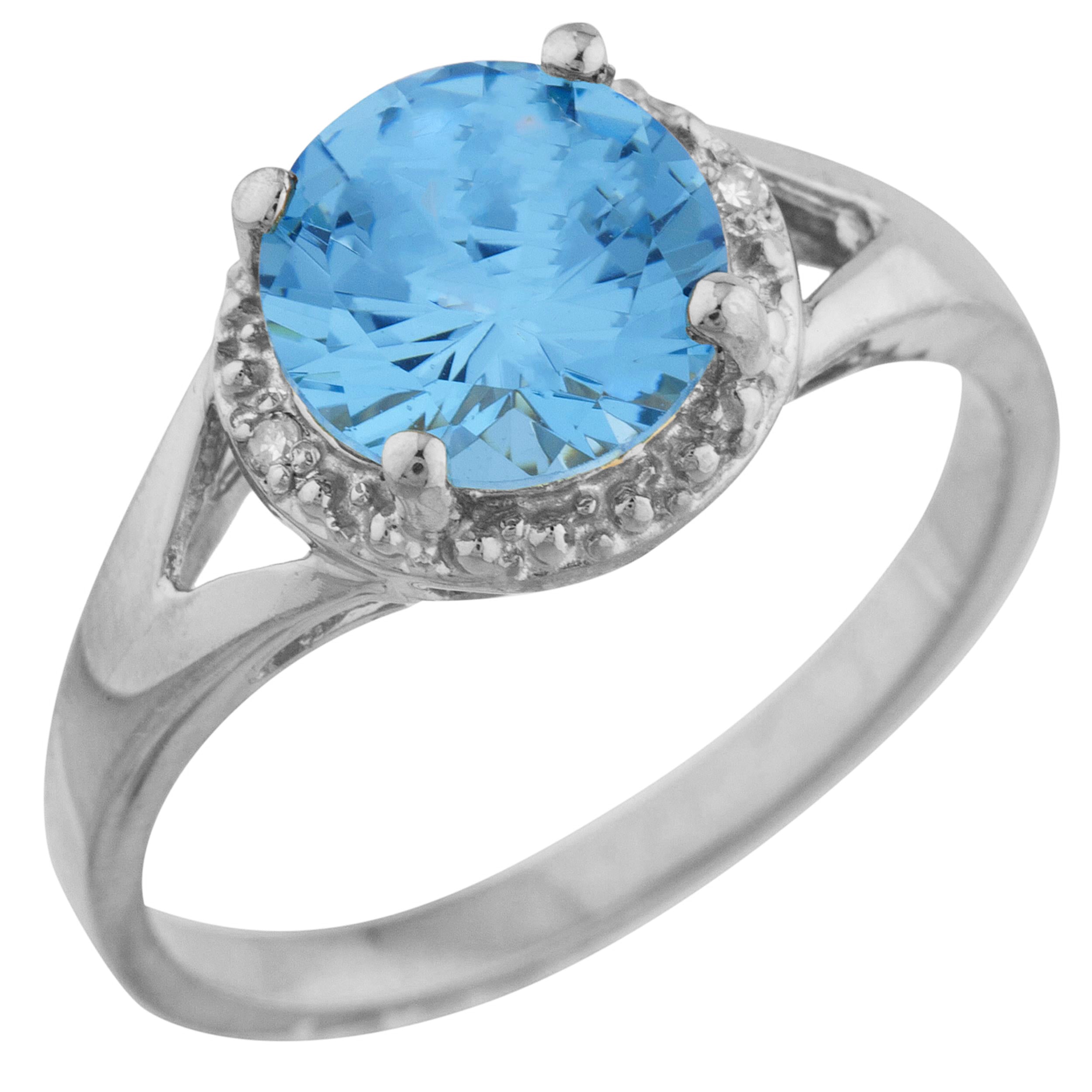 14Kt Gold 2 Ct Blue Topaz & Diamond Halo Design Round Ring