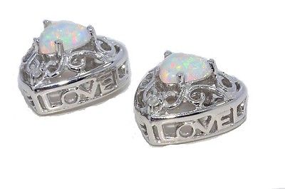 Opal Heart LOVE Diamond Stud Earrings .925 Sterling Silver