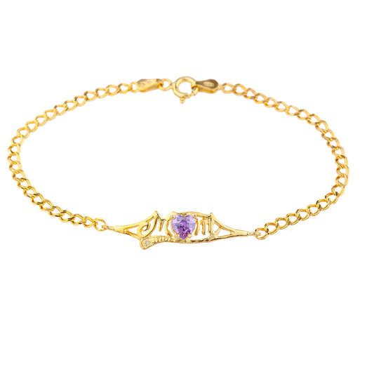 Amethyst & Diamond Heart Mom Bracelet 14Kt Yellow Gold Plated Over .925 Sterling Silver