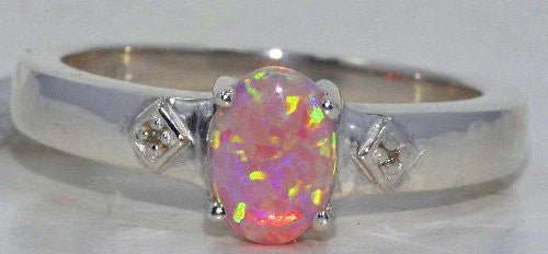 7x5mm Pink Opal & Diamond Oval Ring .925 Sterling Silver Rhodium Finish