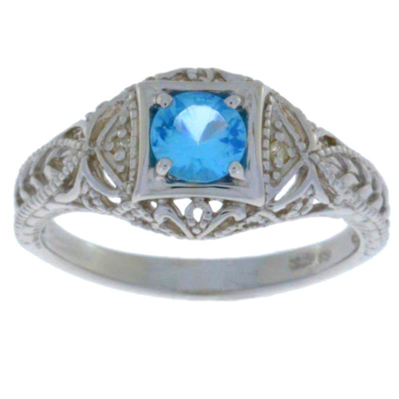 0.50 Ct Blue Topaz & Diamond Round Ring .925 Sterling Silver