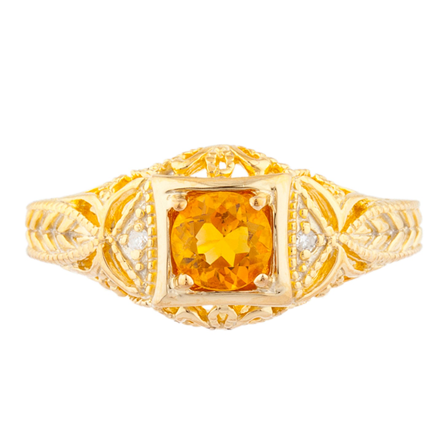 14Kt Gold Orange Citrine & Diamond Design Round Ring