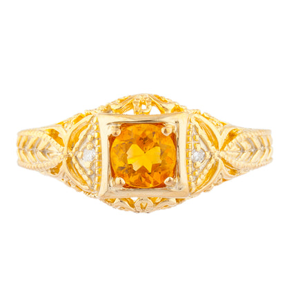 14Kt Gold Orange Citrine & Diamond Design Round Ring