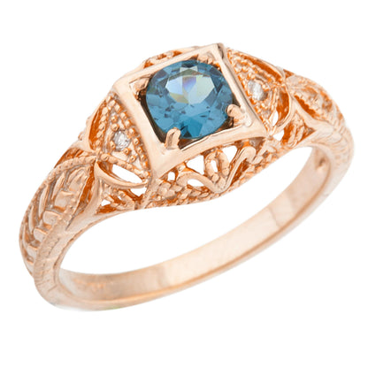 14Kt Gold London Blue Topaz & Diamond Design Round Ring