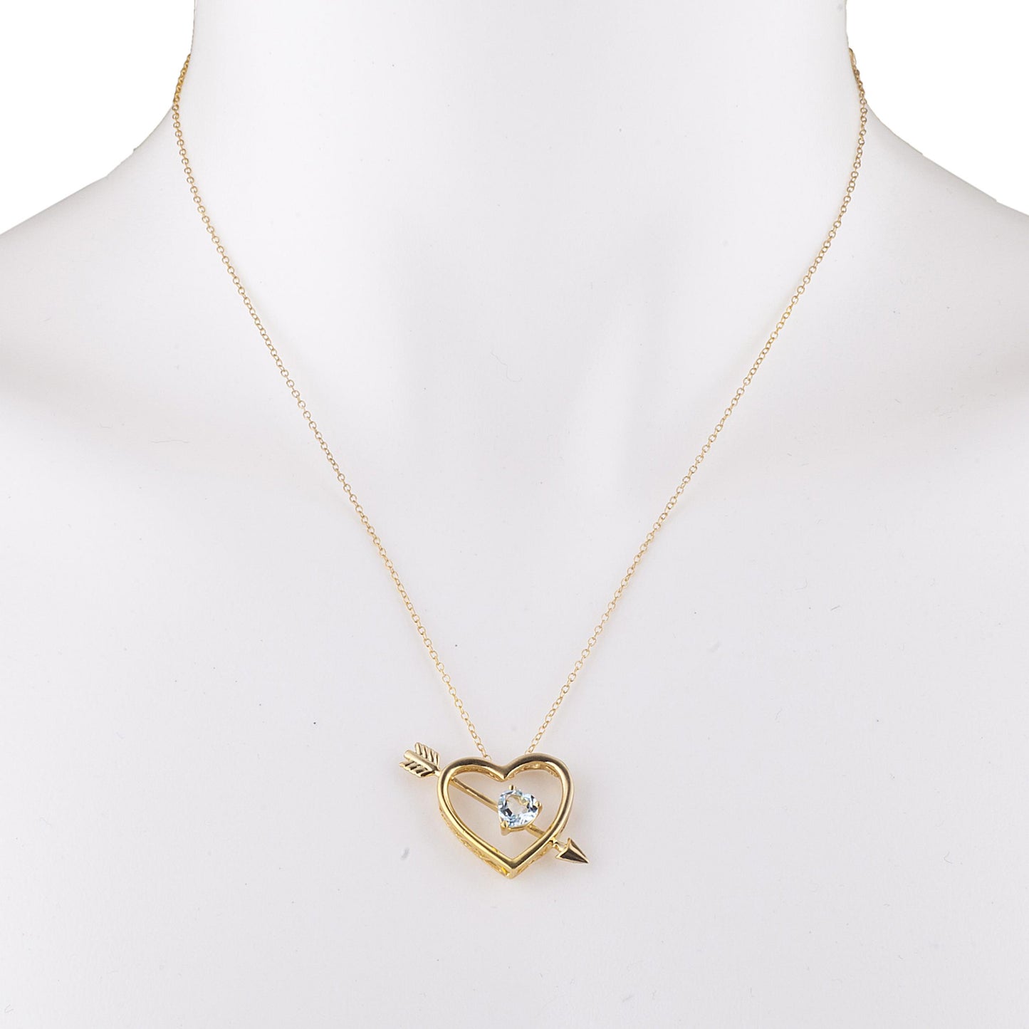 14Kt Gold Aquamarine Heart Bow & Arrow Pendant Necklace