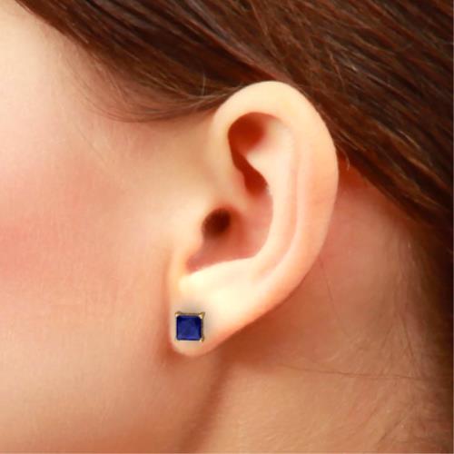 14Kt Yellow Gold Created Blue Sapphire Princess Cut Stud Earrings