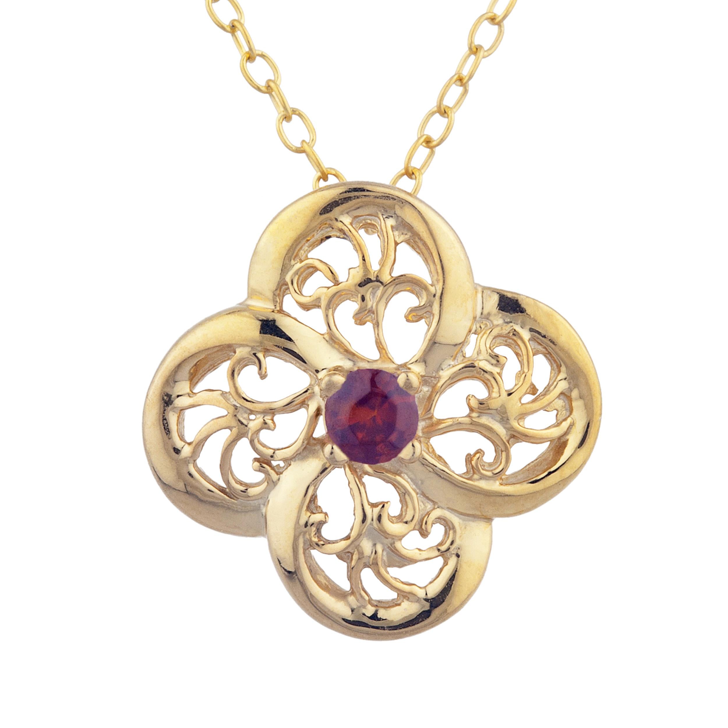 14Kt Gold Garnet Clover Design Pendant Necklace