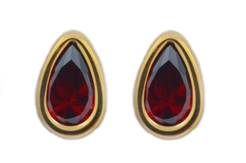 14Kt Yellow Gold Garnet Pear Bezel Stud Earrings