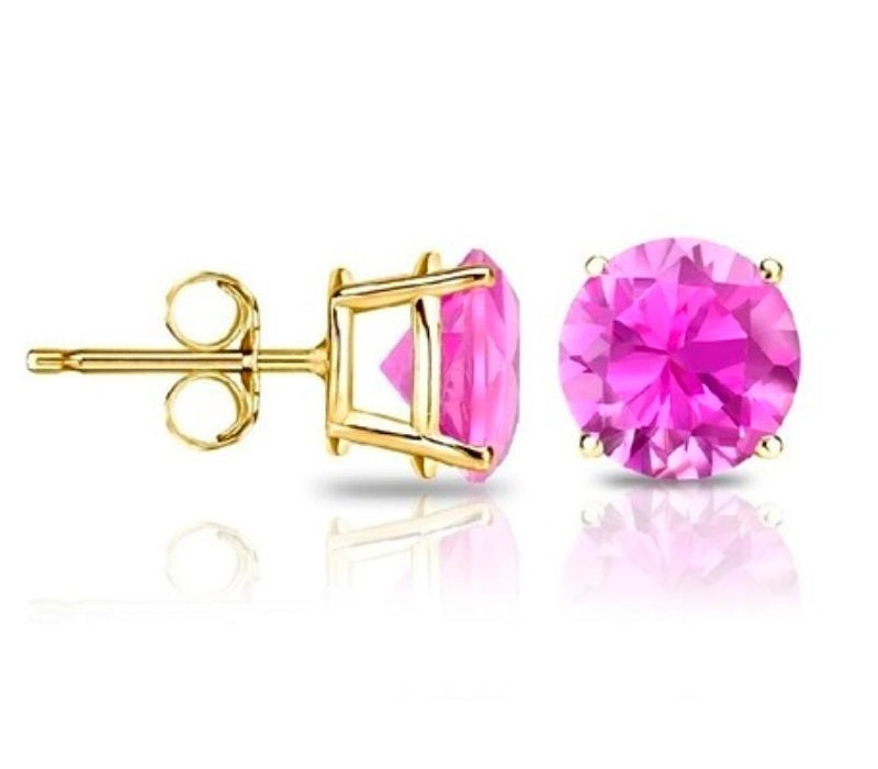 14Kt Yellow Gold Pink Sapphire Round Stud Earrings