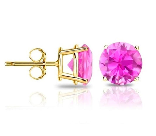 14Kt Yellow Gold Pink Sapphire Round Stud Earrings