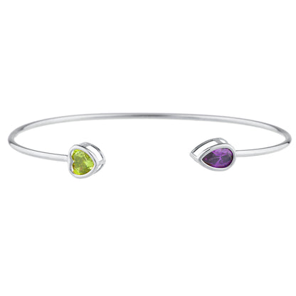 Peridot Heart & Alexandrite Pear Bezel Bangle Bracelet .925 Sterling Silver Rhodium Finish