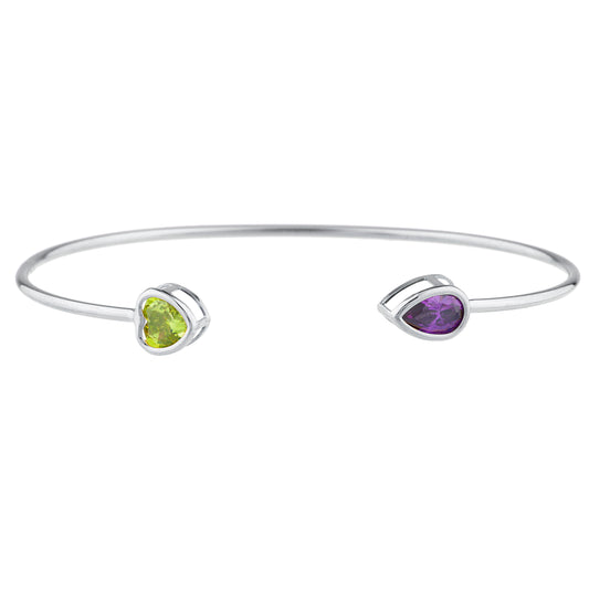 Peridot Heart & Alexandrite Pear Bezel Bangle Bracelet .925 Sterling Silver Rhodium Finish