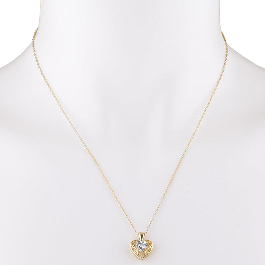 14Kt Gold White Sapphire & Diamond Heart LOVE ENGRAVED Pendant Necklace