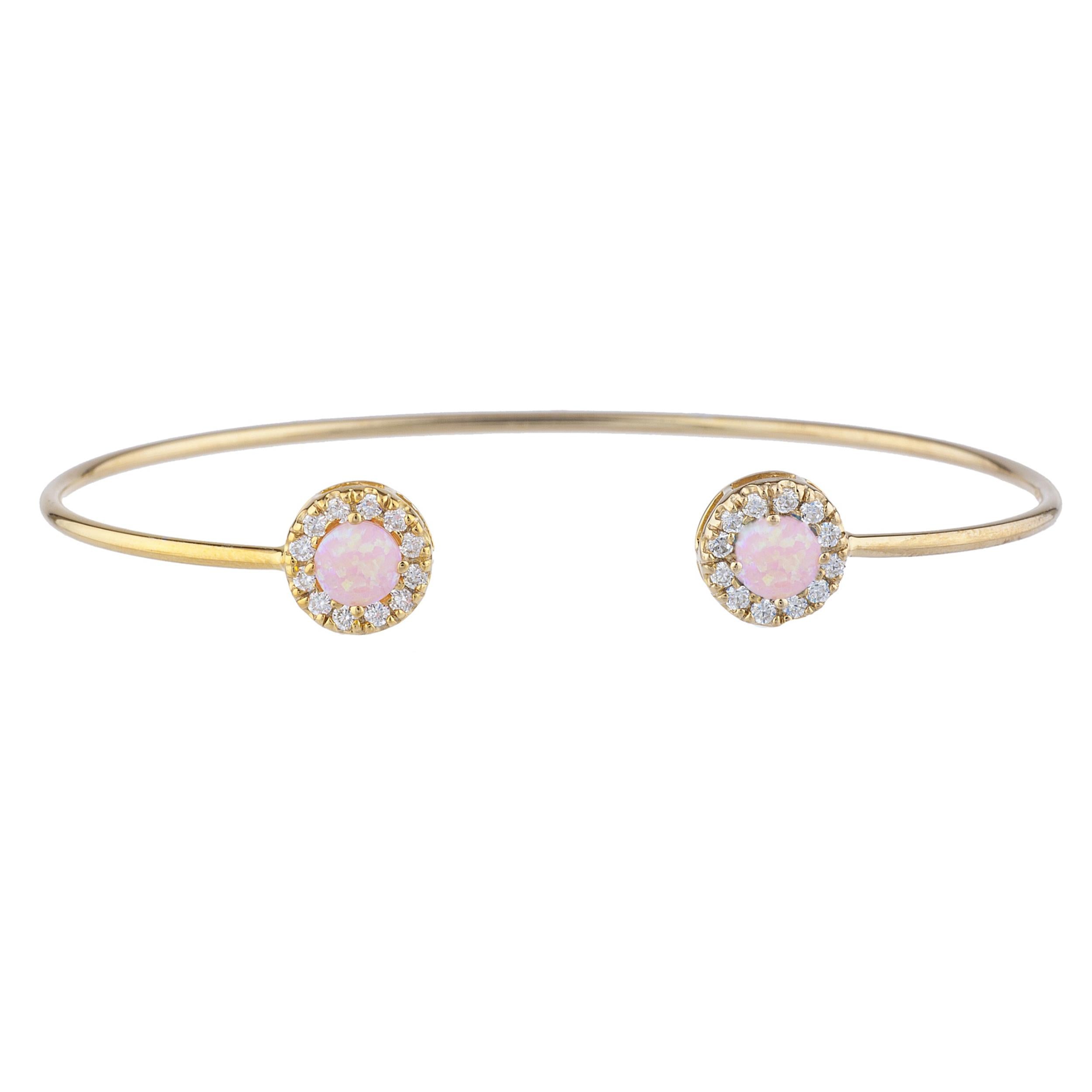Pink Opal Halo Design Round Bangle Bracelet 14Kt Yellow Gold Rose Gold Silver