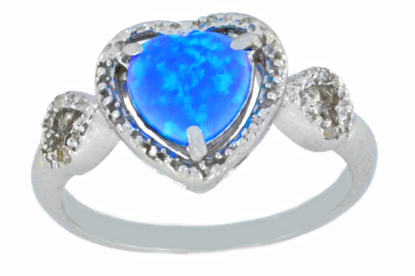 Blue Opal & Diamond Heart Ring .925 Sterling Silver Rhodium Finish