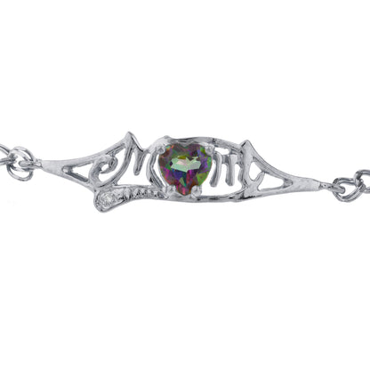 Natural Mystic Topaz & Diamond Heart Mom Bracelet .925 Sterling Silver