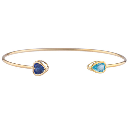 14Kt Gold Blue Sapphire Heart & Blue Topaz Pear Bezel Bangle Bracelet