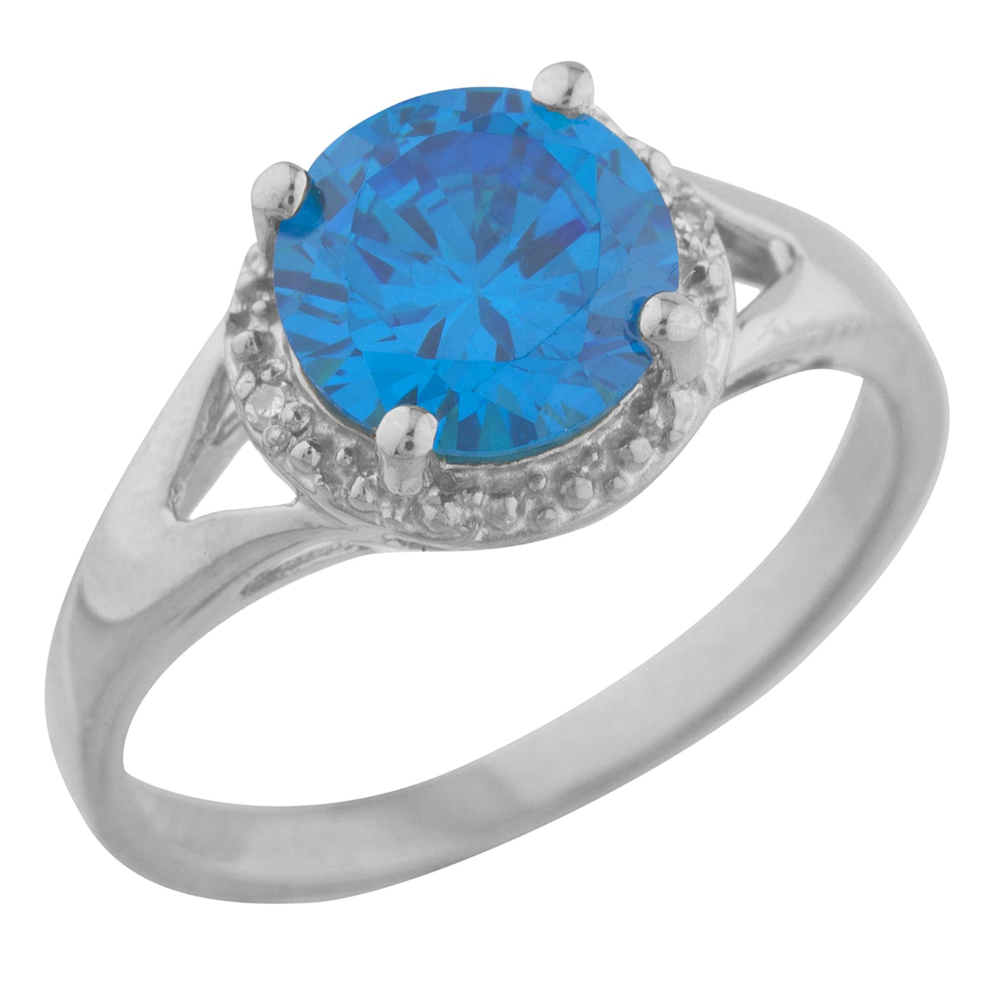 14Kt Gold 2 Ct Swiss Blue Topaz & Diamond Halo Design Round Ring