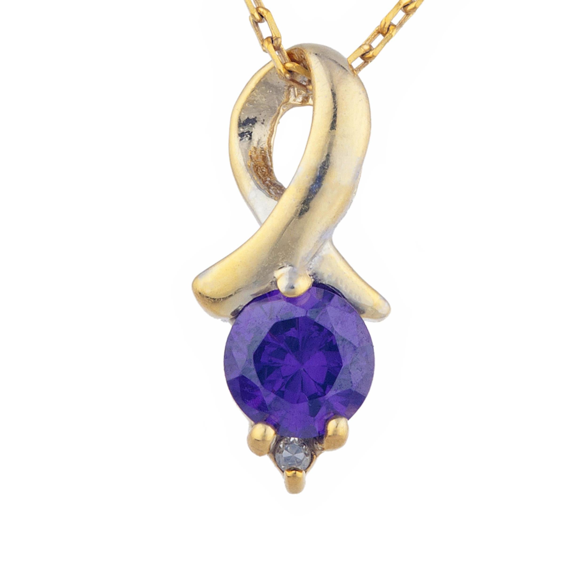 14Kt Gold Amethyst & Diamond Round Design Pendant Necklace