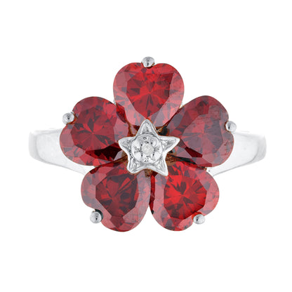 14Kt Gold Garnet & Diamond Heart Flower Design Ring