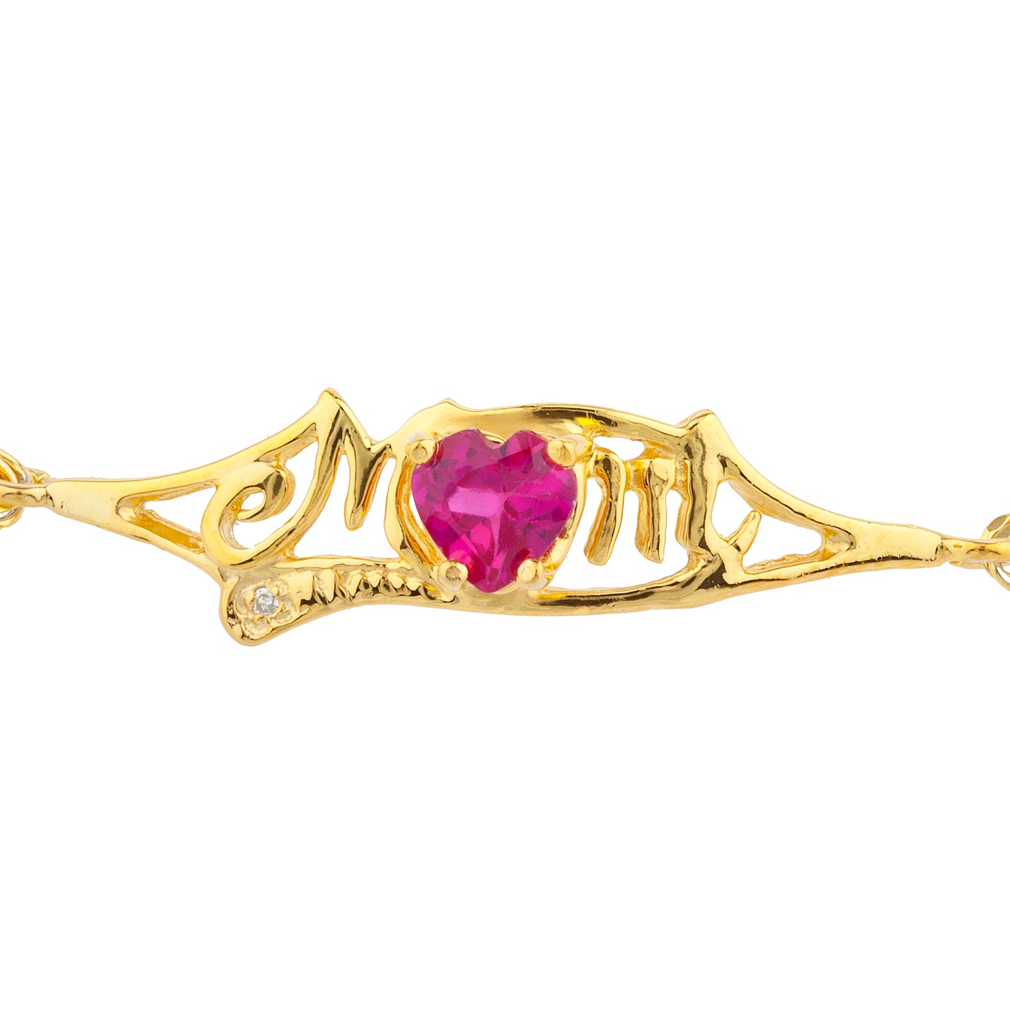 Created Ruby & Diamond Heart Mom Bracelet 14Kt Yellow Gold Plated Over .925 Sterling Silver