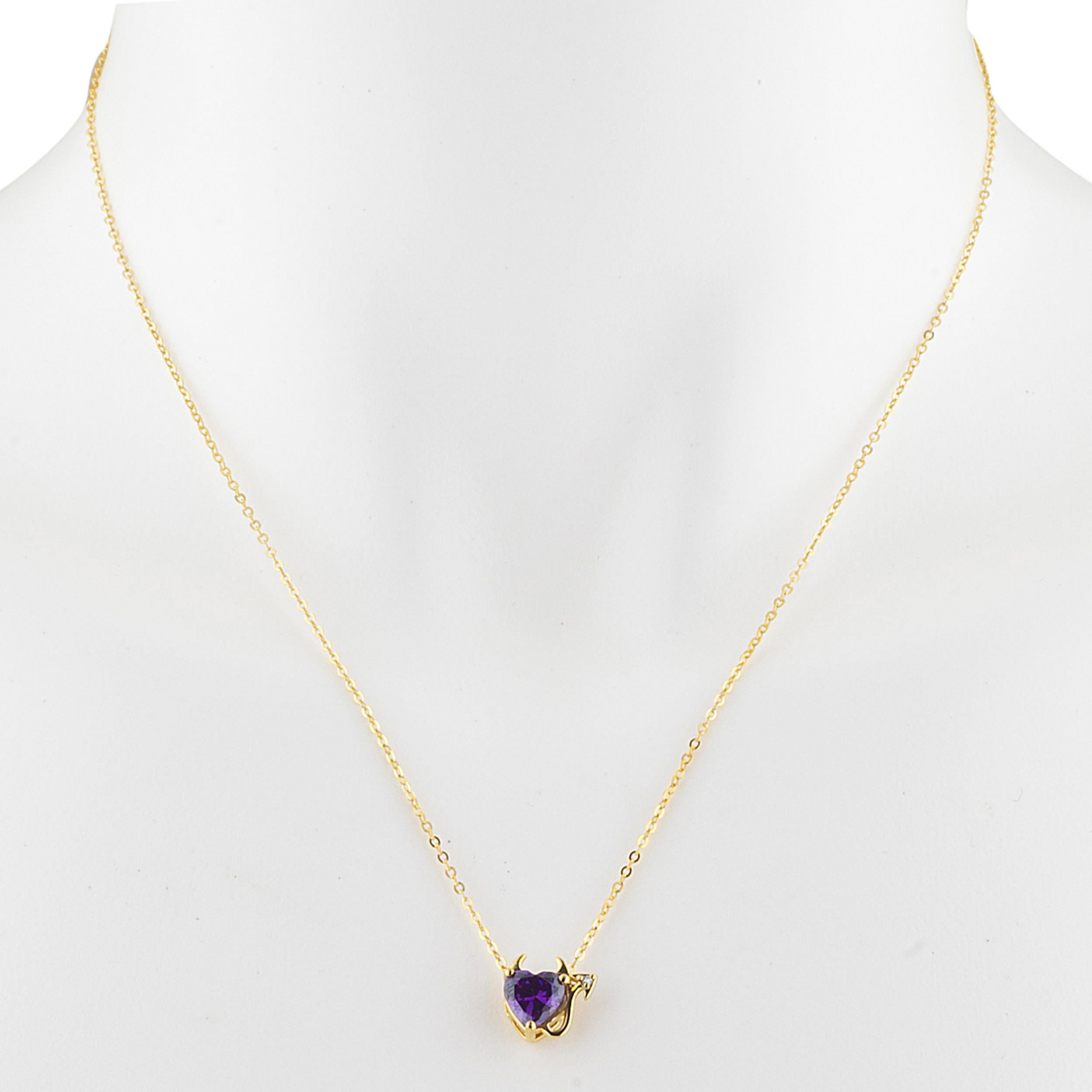 14Kt Gold 1.5 Ct Amethyst & Diamond Devil Heart Pendant Necklace