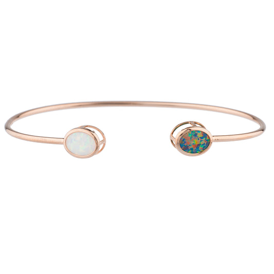 Black & White Opal Oval Bezel Bangle Bracelet 14Kt Rose Gold Plated Over .925 Sterling Silver