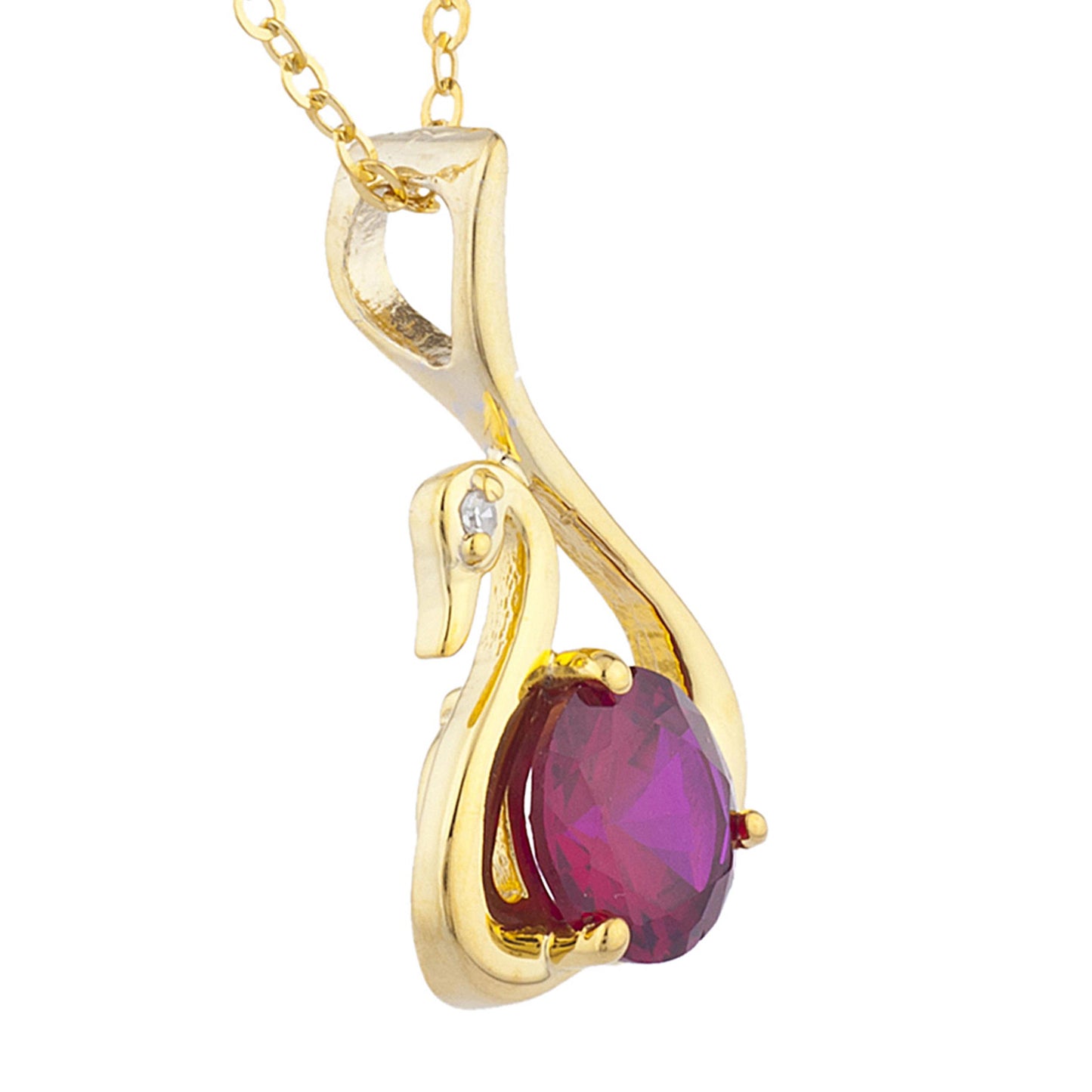 14Kt Yellow Gold Plated Created Ruby & Diamond Swan Pendant