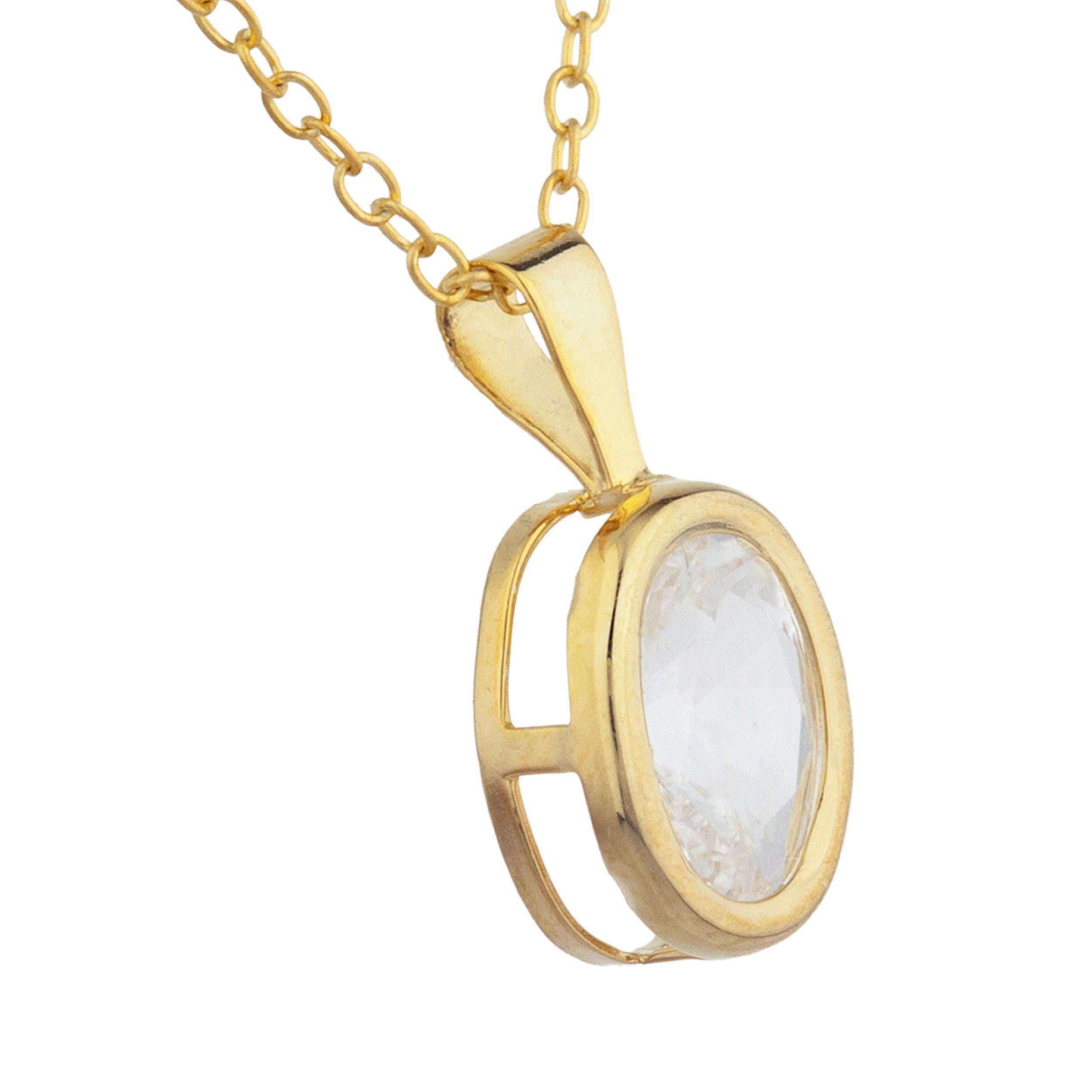 14Kt Gold White Sapphire Oval Bezel Pendant Necklace