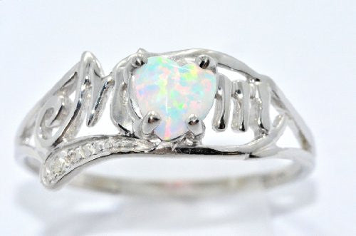 Opal Heart & Diamond Mom Ring .925 Sterling Silver Rhodium Finish