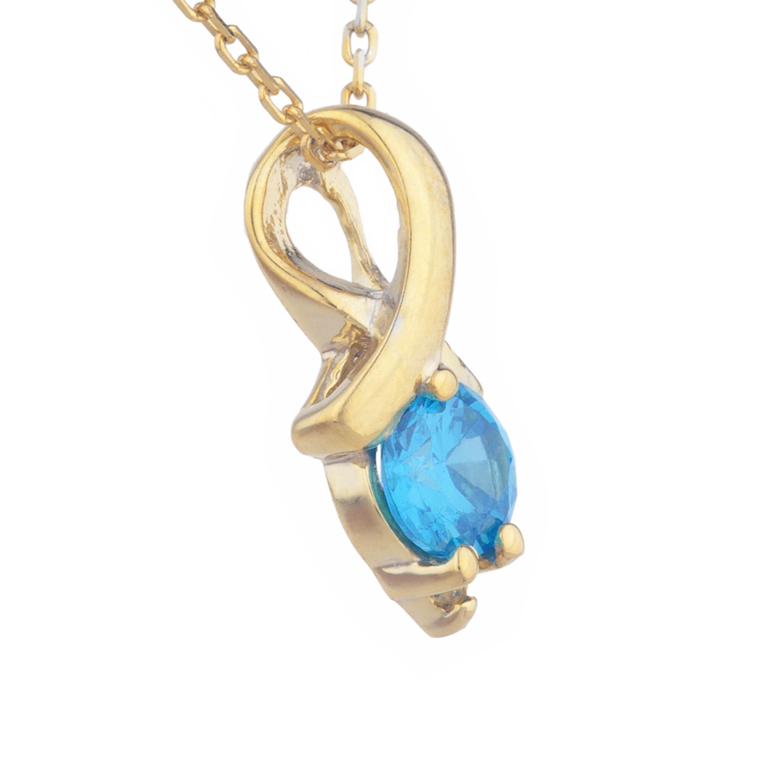 14Kt Gold Swiss Blue Topaz & Diamond Round Design Pendant Necklace