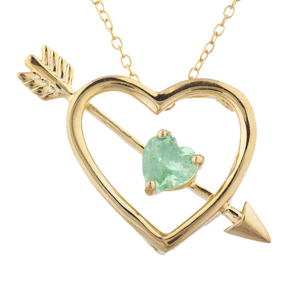 14Kt Gold Green Sapphire Heart Bow & Arrow Pendant Necklace